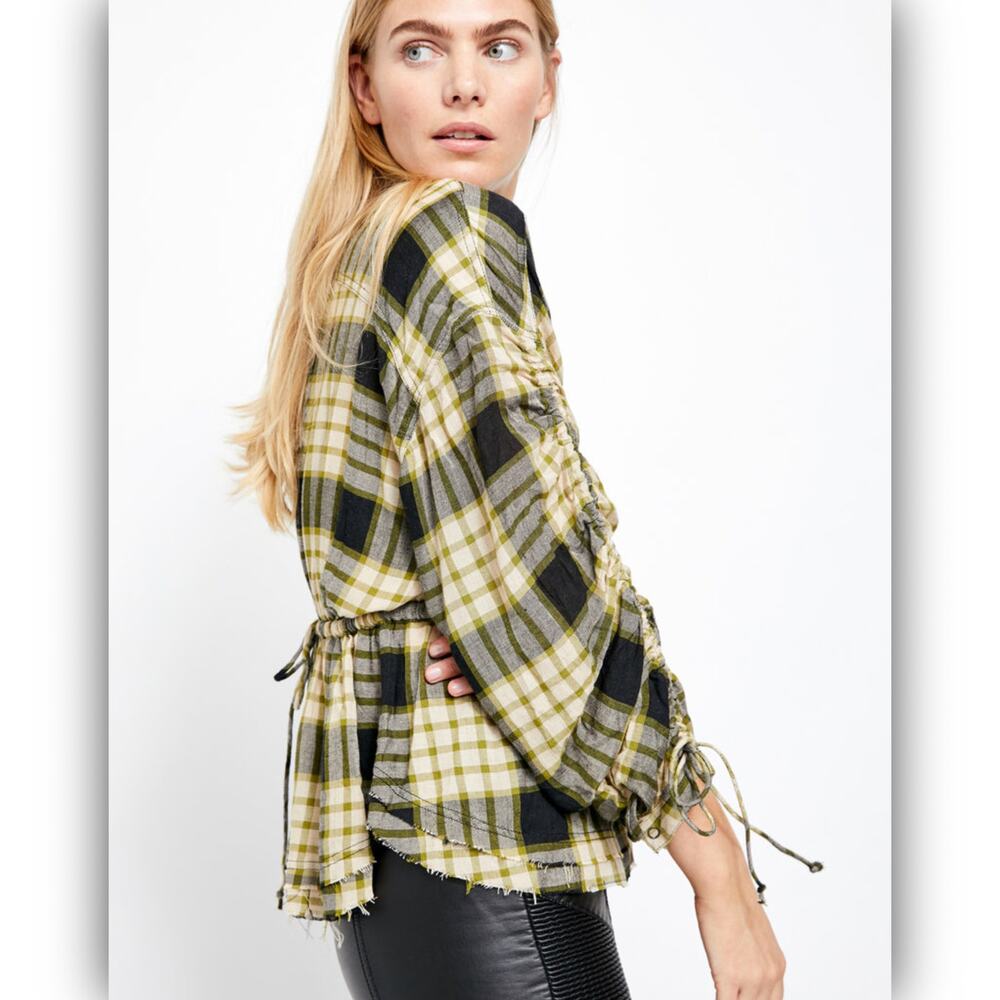 Free People Pacific Dawn Plaid Peplum Shirt Black Combo Size Medium NWT New - Picture 13 of 15